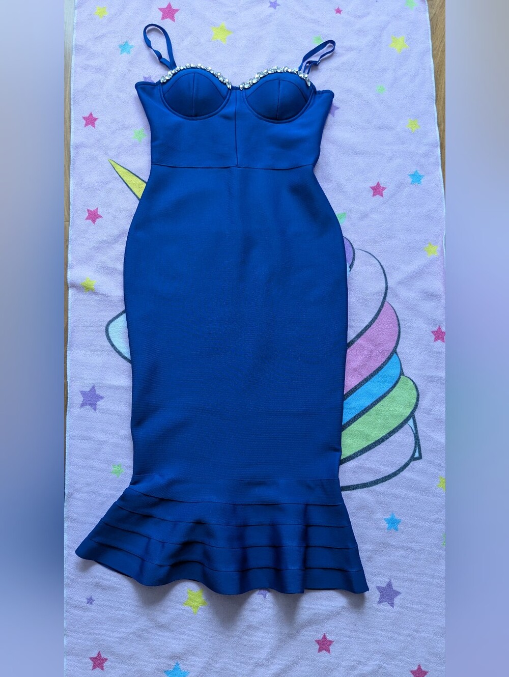 Royal Blue Embellished Bust Mermaid Midi Knit Dress